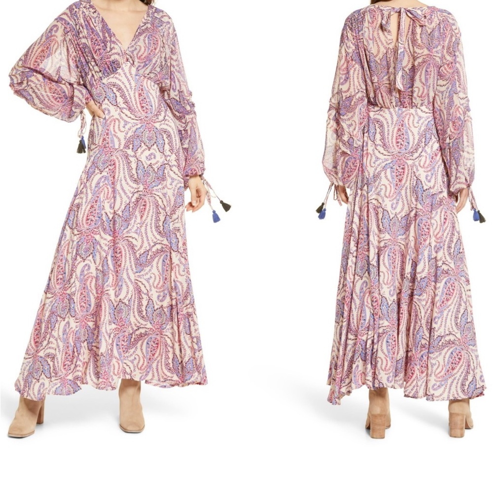Free People Mirage Paisley Maxi Dress Long Sleeve Boho Tassel Size 0